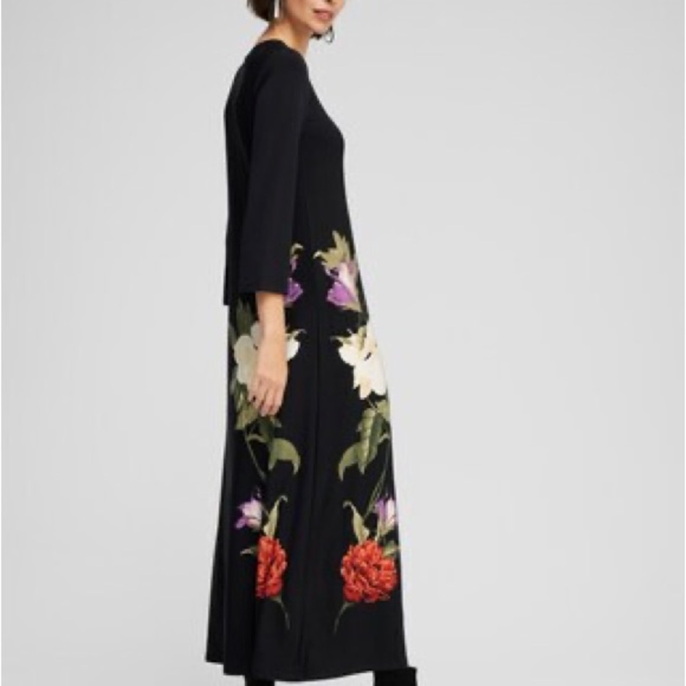 CHICO’S•floral petite black 3/4 sleeve maxi dress 0P/XSP - Picture 3 of 3